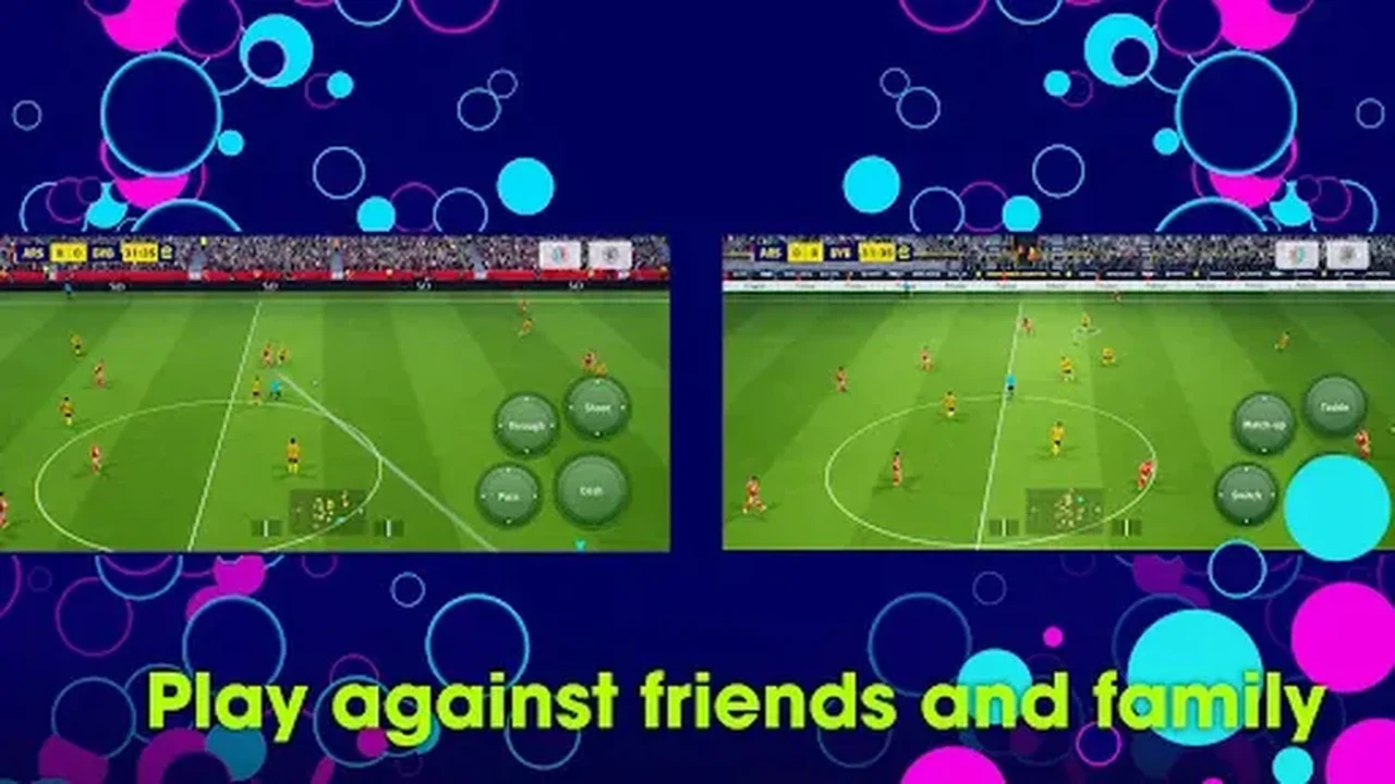 eFootball match controls with pass, shoot, and dash buttons on the pitch