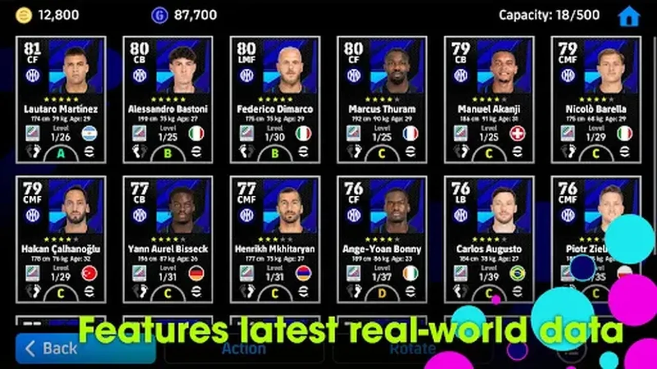 eFootball squad screen showing player cards with ratings and positions