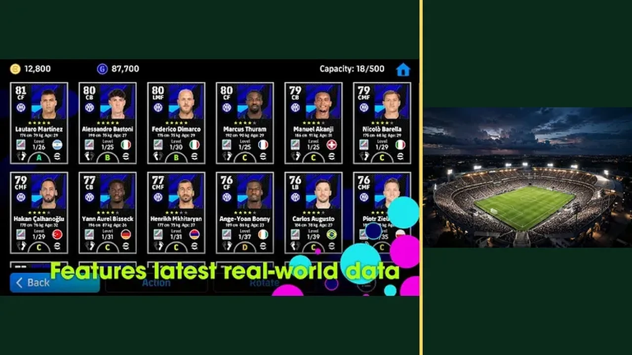 eFootball squad screen showing player cards with ratings and positions