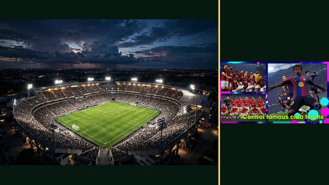 eFootball famous club teams lined up with a stadium backdrop
