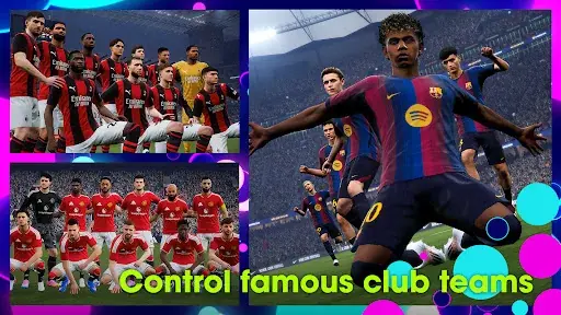 Squad screens showing famous club teams and players