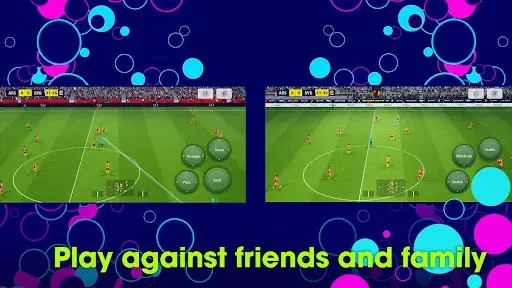 Match gameplay with on screen pass, shoot, and dash controls on a green pitch
