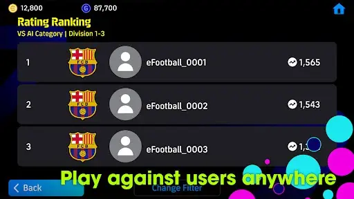 Online ranking screen listing players by rating points