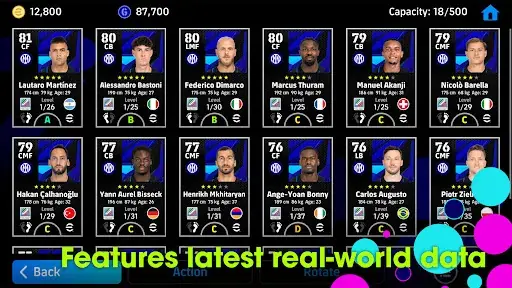 Squad screen showing player cards with ratings and positions